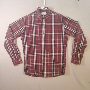 Burberry London England Mens M Burgundy Nova Check Button Down Long Sleeve Shirt